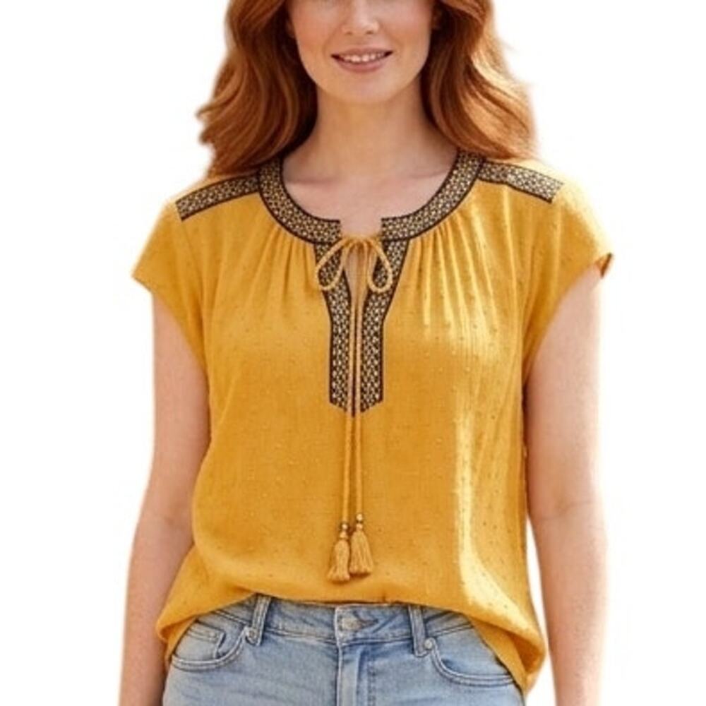 DR2 Peasant Top Womens XL Mustard Swiss Dot Tasseled  Embroidered Boho Blouse